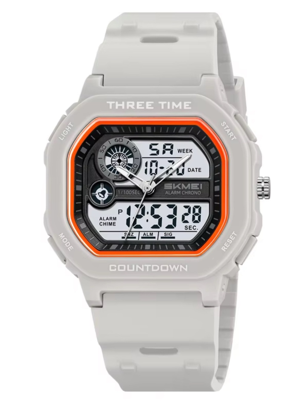 Unisex White Digital Watch with Orange Accent with Three Time